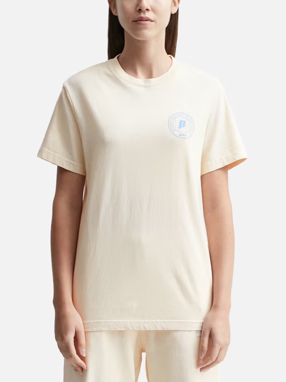 Sporty & Rich Light Cream Crewneck T-Shirt with Tag Detail